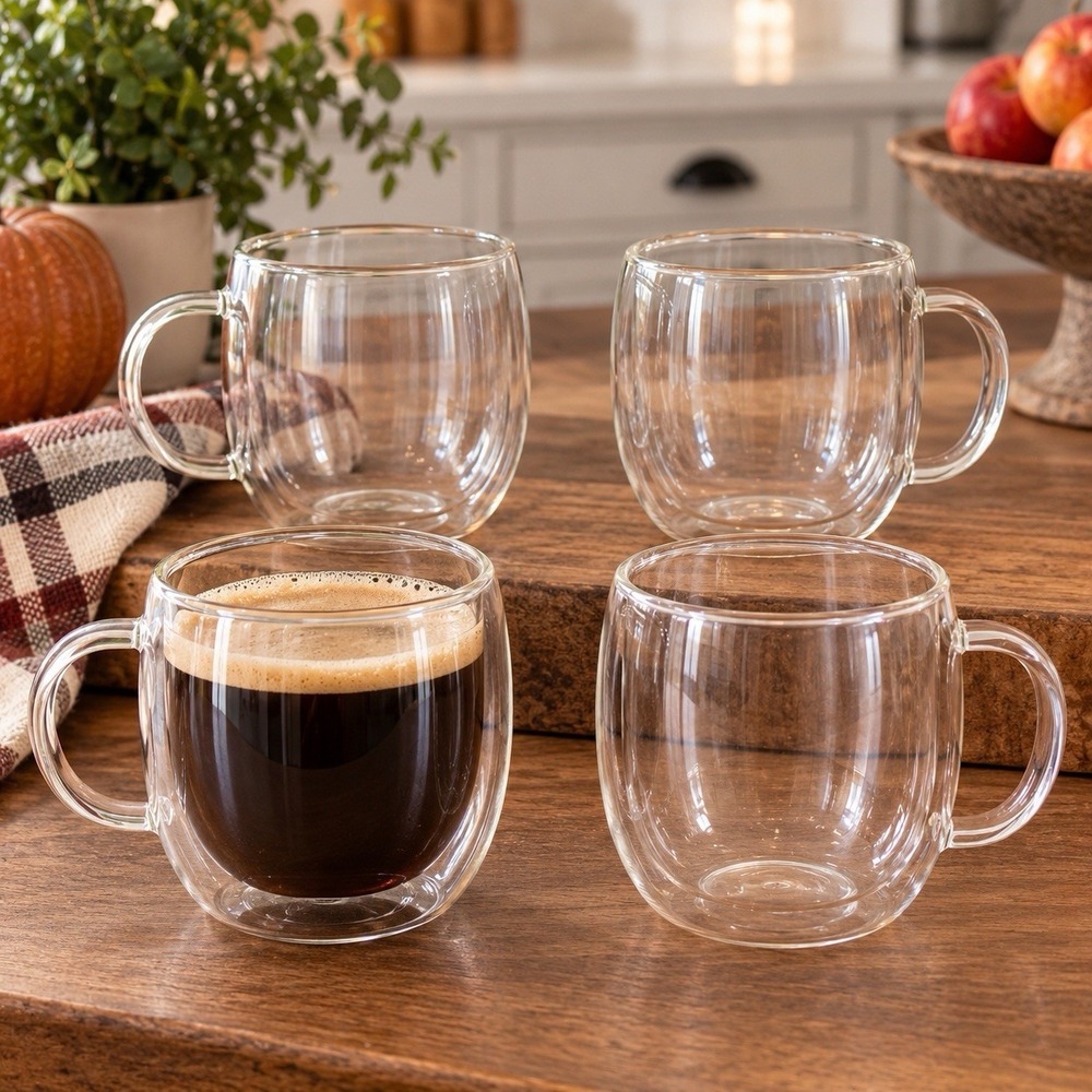 Set of 4 Double Wall Glass Coffee Mugs Clear Insulated Espresso Tea Cups